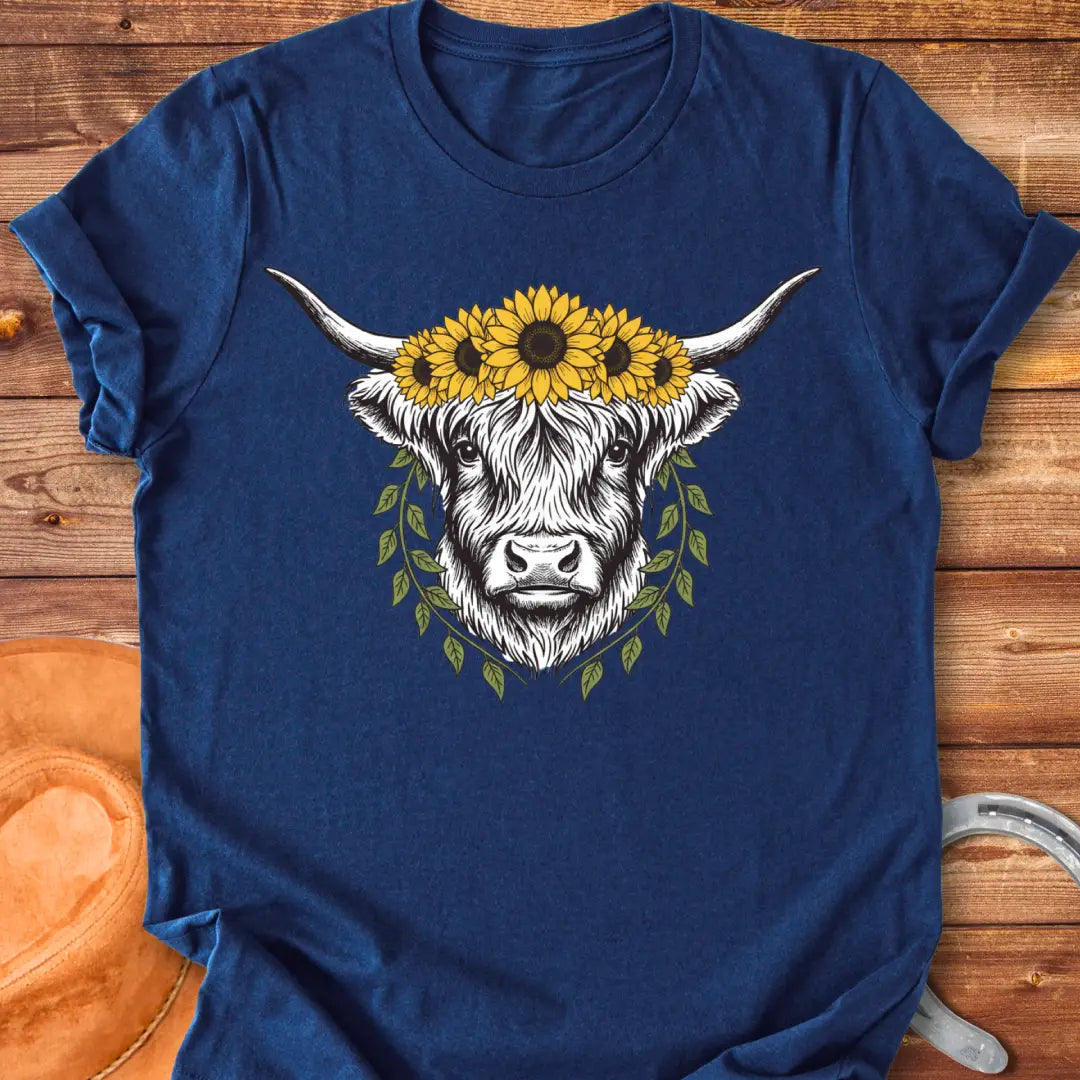 Rustic illustration of a Highland cow wearing a sunflower crown and leafy wreath, perfect for cow lovers.