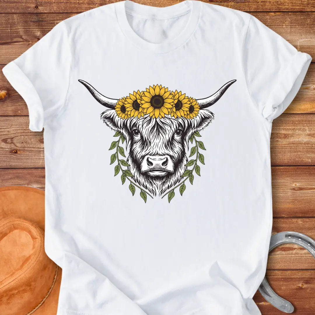 Rustic illustration of a Highland cow wearing a sunflower crown and leafy wreath, perfect for cow lovers.