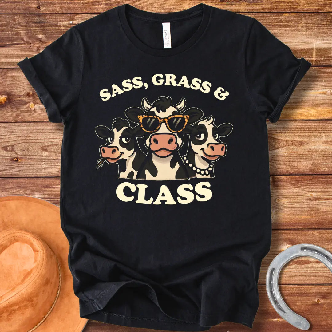 Sass, Grass, and Class T-Shirt featuring a graphic of three sassy cows wearing sunglasses and a pearl necklace.