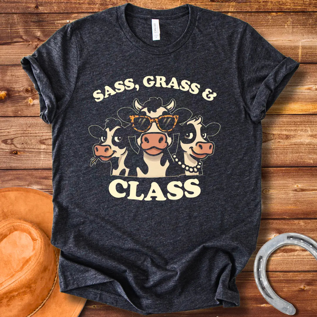 Sass, Grass, and Class T-Shirt featuring a graphic of three sassy cows wearing sunglasses and a pearl necklace.