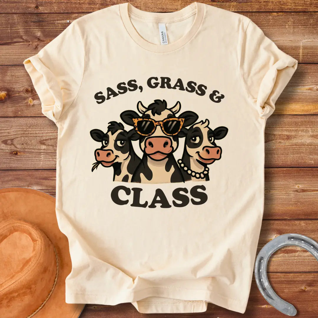 Sass, Grass, and Class T-Shirt featuring a graphic of three sassy cows wearing sunglasses and a pearl necklace.