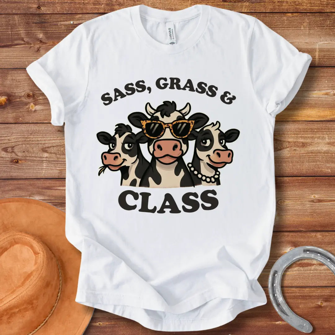 Sass, Grass, and Class T-Shirt featuring a graphic of three sassy cows wearing sunglasses and a pearl necklace.