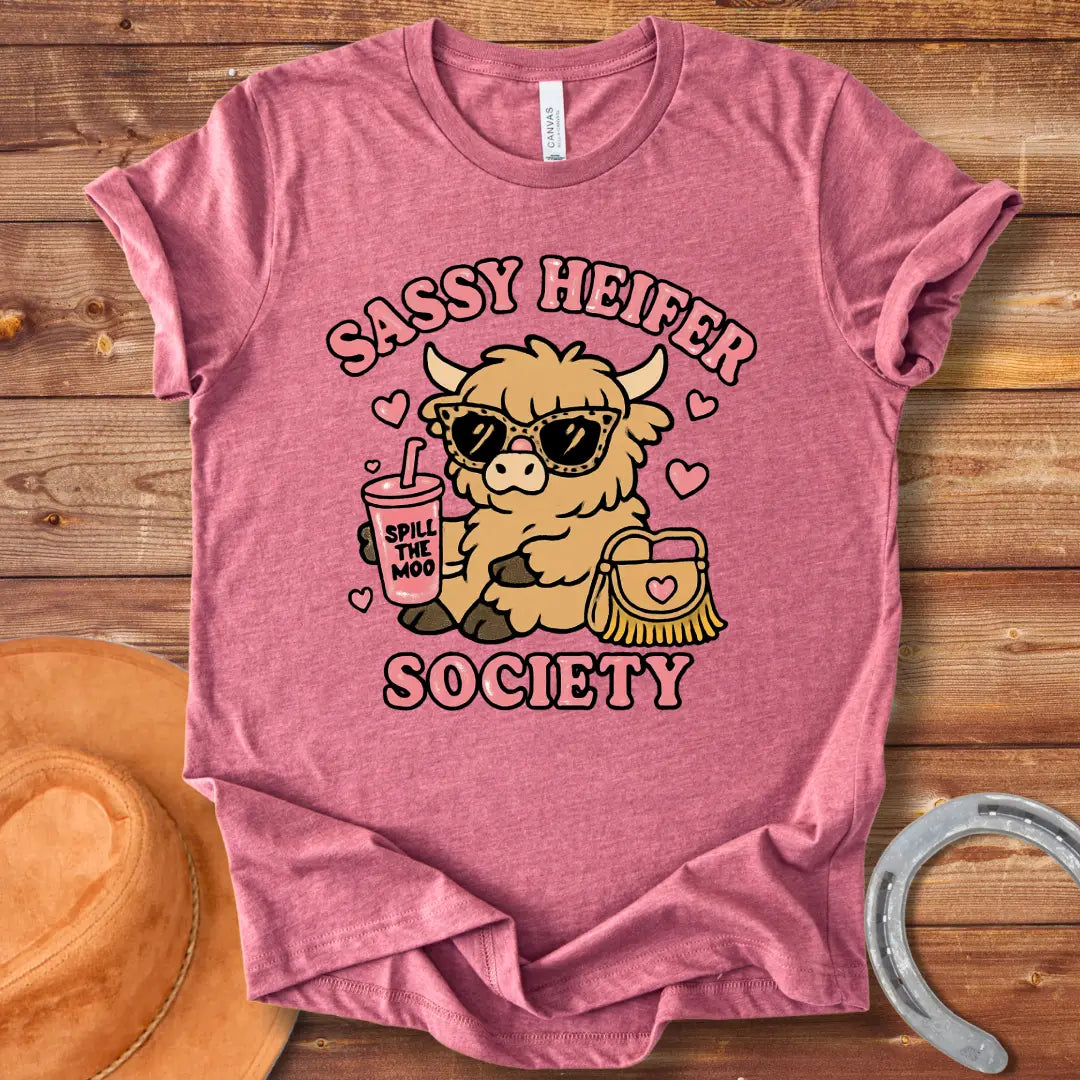 Sassy heifer wearing sunglasses and holding a 'Spill the Moo' drink, with a purse and hearts, all set against a black background, text reading 'Sassy Heifer Society'