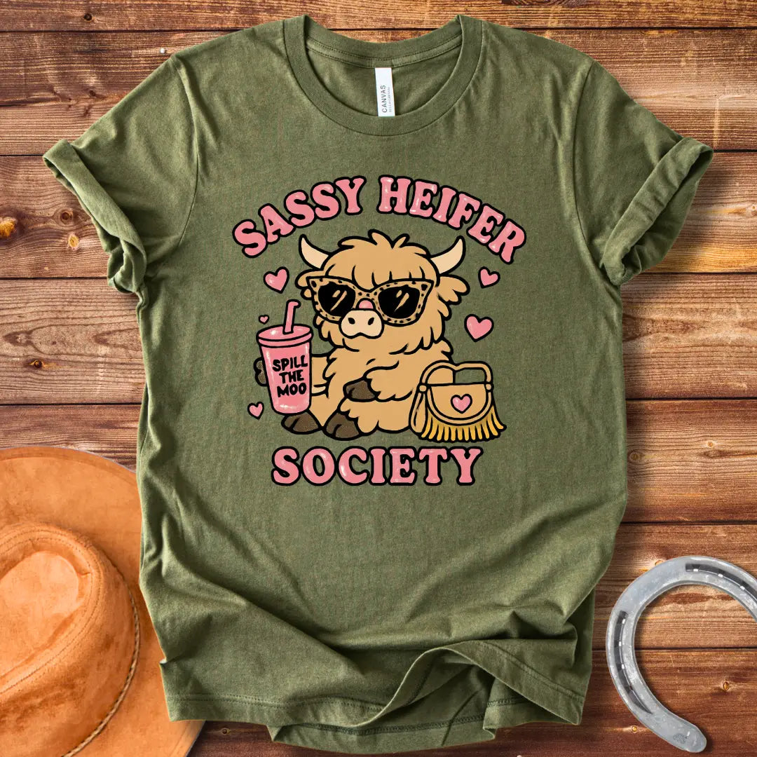 Sassy heifer wearing sunglasses and holding a 'Spill the Moo' drink, with a purse and hearts, all set against a black background, text reading 'Sassy Heifer Society'