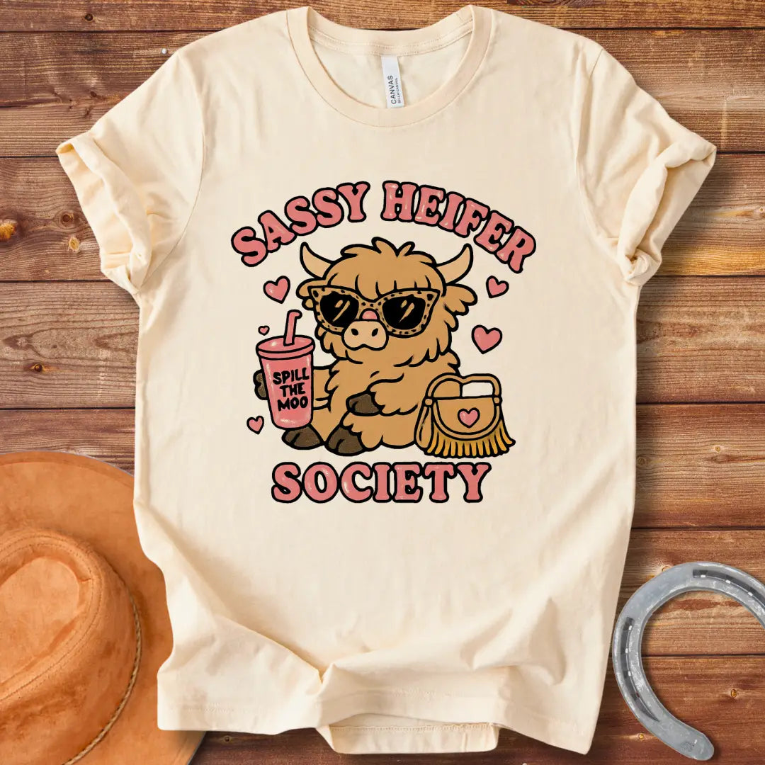 Sassy heifer wearing sunglasses and holding a 'Spill the Moo' drink, with a purse and hearts, all set against a black background, text reading 'Sassy Heifer Society'
