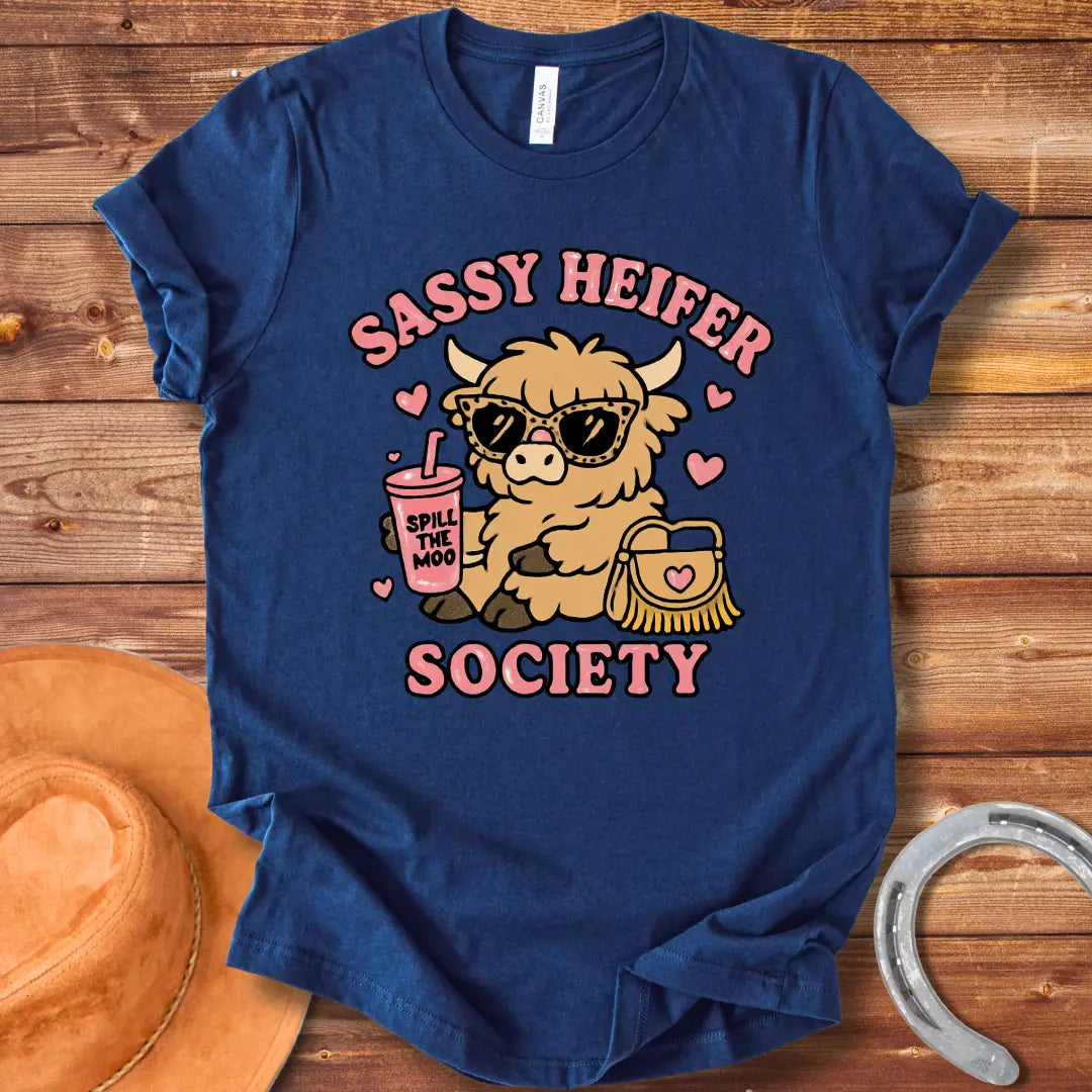 Sassy heifer wearing sunglasses and holding a 'Spill the Moo' drink, with a purse and hearts, all set against a black background, text reading 'Sassy Heifer Society'