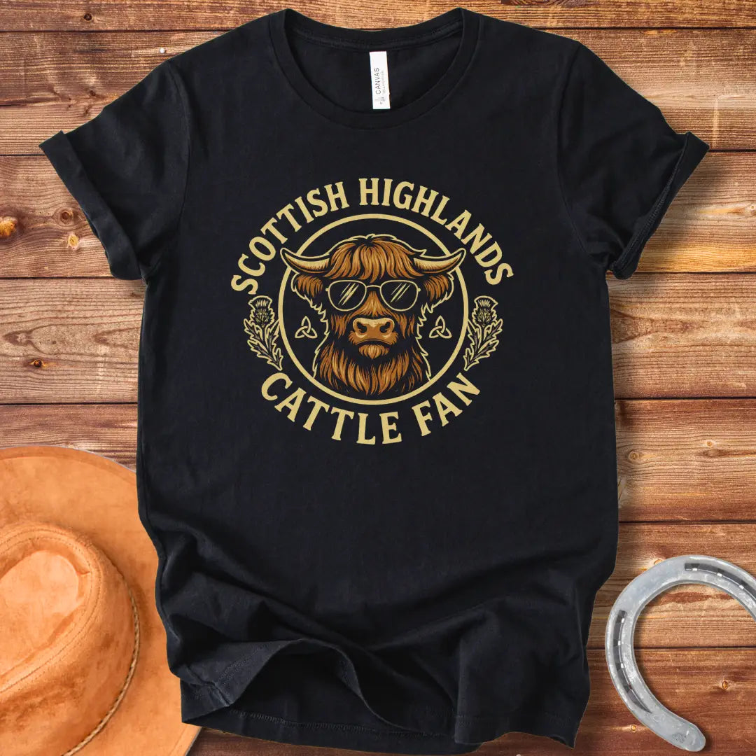 Scottish Highland cow wearing sunglasses, surrounded by text and thistle artwork