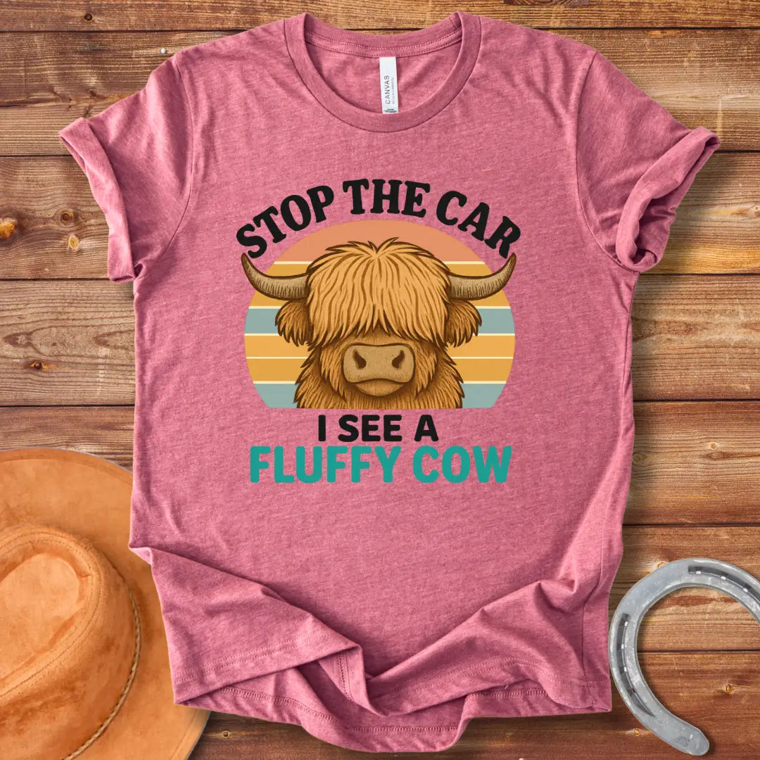 Retro t-shirt with a fluffy highland cow, the text reads 'Stop the Car I See a Fluffy Cow'