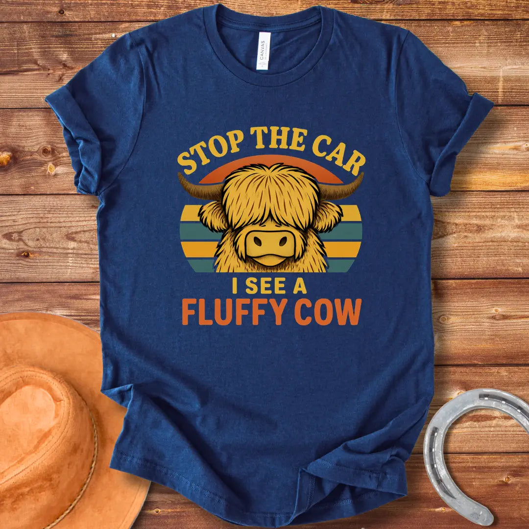 Retro t-shirt with a fluffy highland cow, the text reads 'Stop the Car I See a Fluffy Cow'
