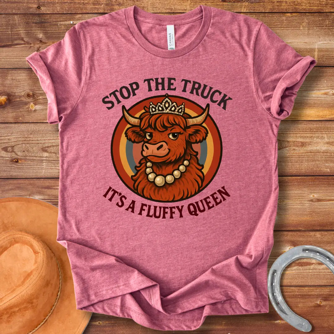 Stop The Truck For Fluffy Queen T-shirt featuring a fluffy Highland cow wearing a crown and pearls, set against a retro rainbow background