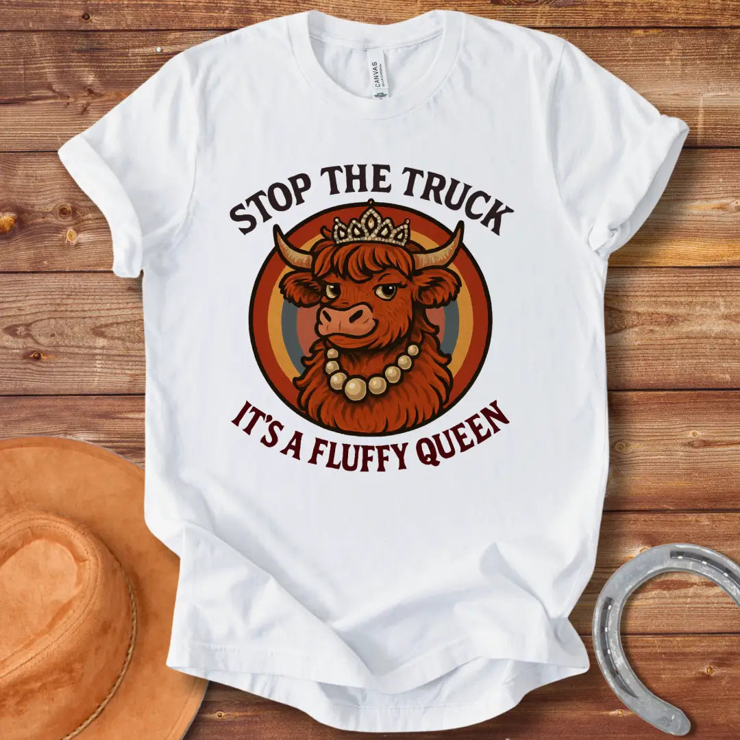 Stop The Truck For Fluffy Queen T-shirt featuring a fluffy Highland cow wearing a crown and pearls, set against a retro rainbow background