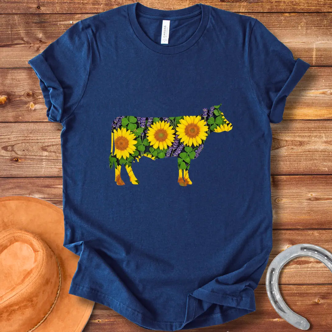 Sunflower cow t-shirt featuring a cow silhouette filled with sunflowers, lavender and clover