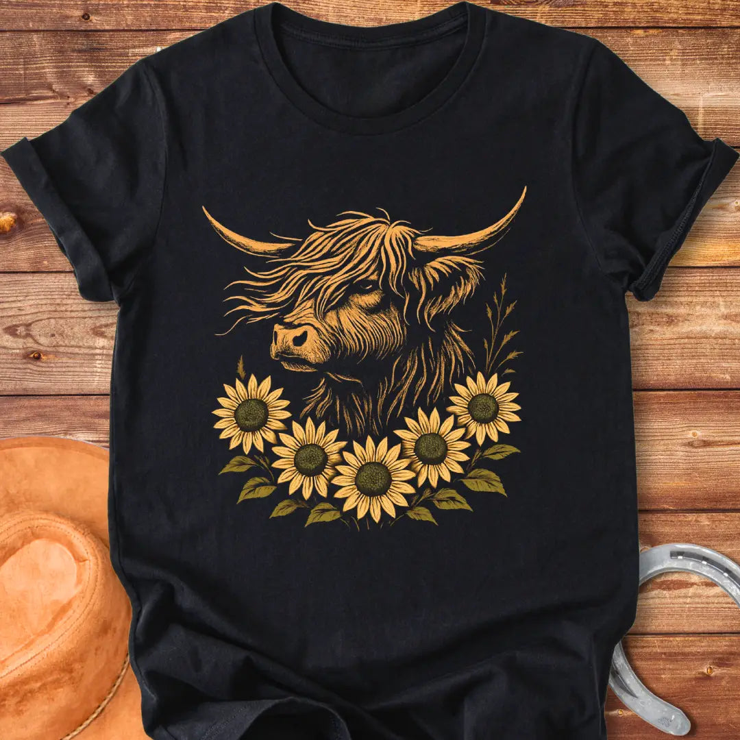 Sunflower fringe Highland cow t-shirt design, featuring a golden colored Highland cow head surrounded by vibrant sunflowers on a black background