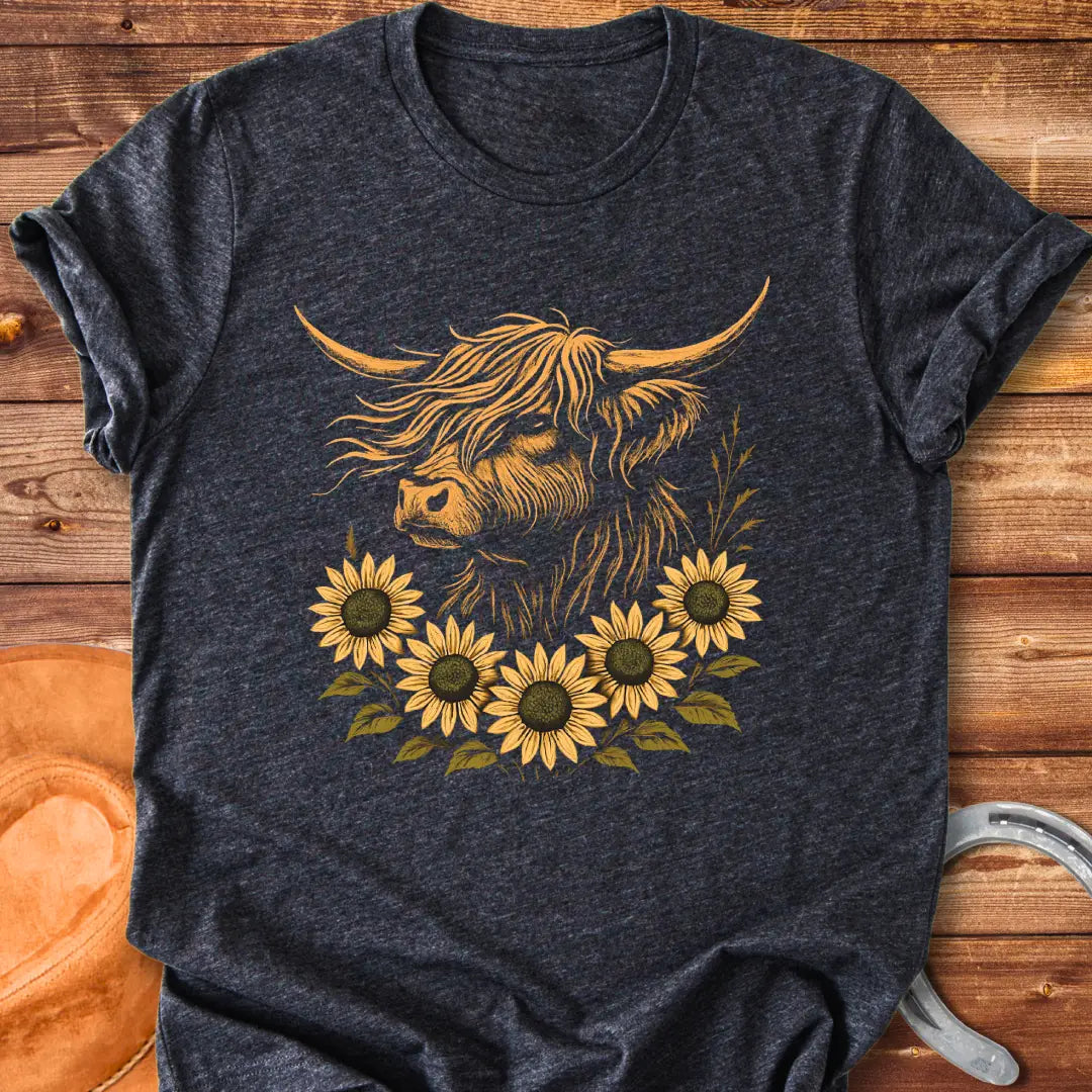Sunflower fringe Highland cow t-shirt design, featuring a golden colored Highland cow head surrounded by vibrant sunflowers on a black background