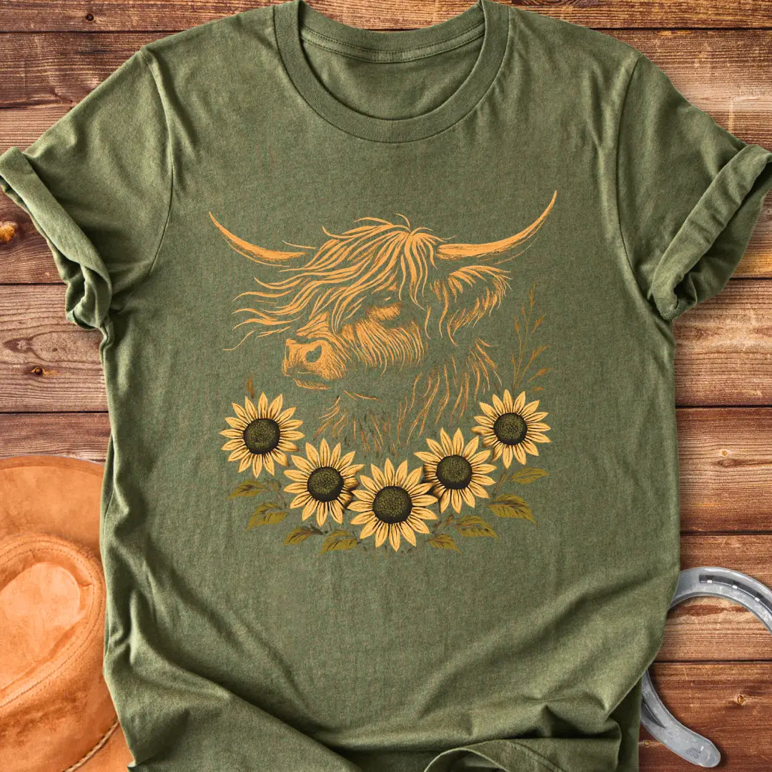 Sunflower fringe Highland cow t-shirt design, featuring a golden colored Highland cow head surrounded by vibrant sunflowers on a black background