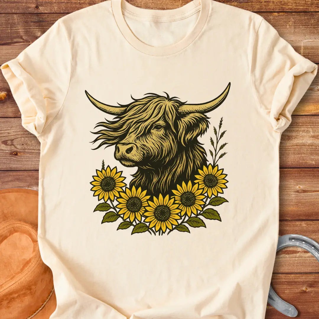 Sunflower fringe Highland cow t-shirt design, featuring a golden colored Highland cow head surrounded by vibrant sunflowers on a black background