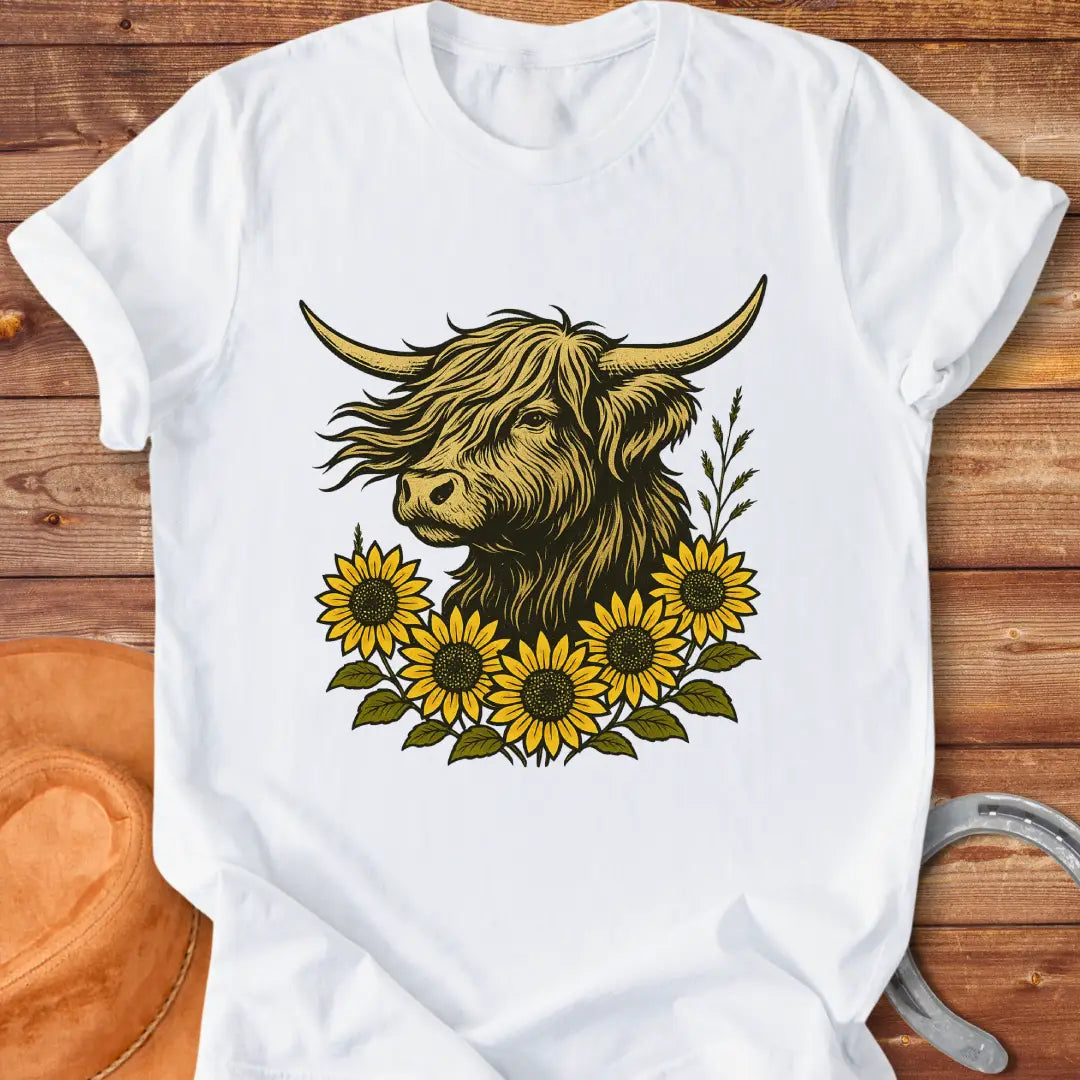 Sunflower fringe Highland cow t-shirt design, featuring a golden colored Highland cow head surrounded by vibrant sunflowers on a black background
