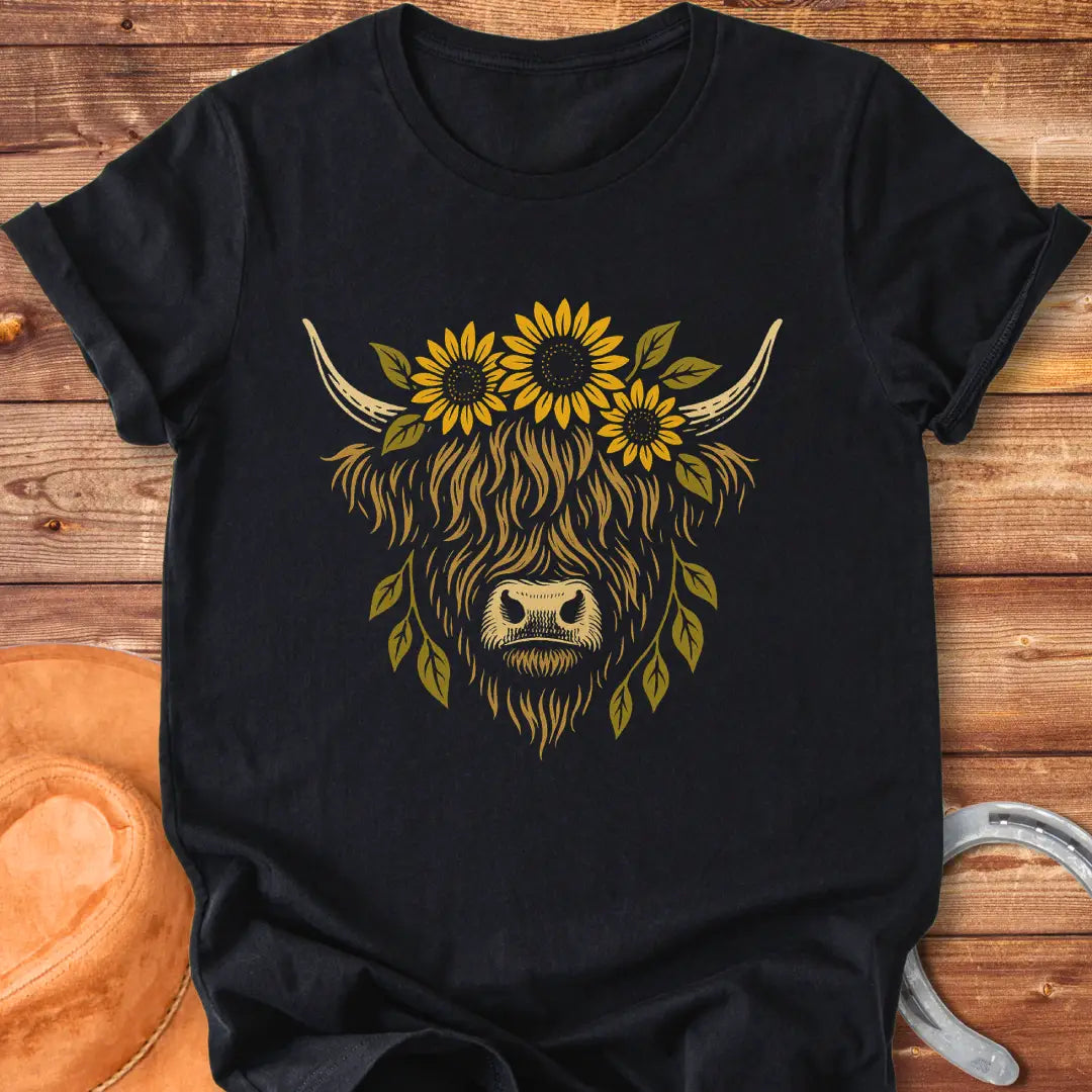 Highland cow wearing a sunflower crown, floral design t-shirt.
