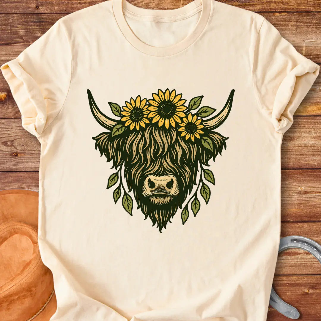 Highland cow wearing a sunflower crown, floral design t-shirt.