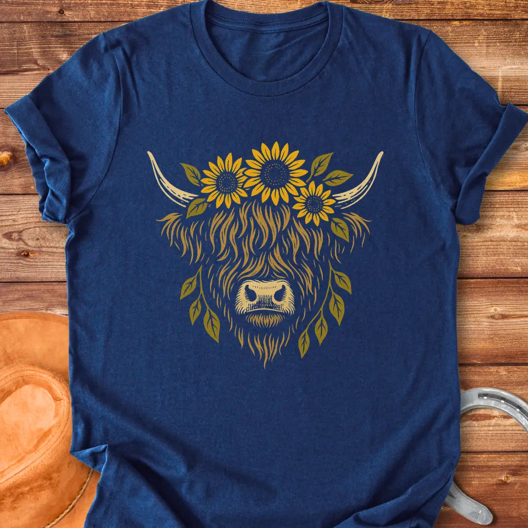 Highland cow wearing a sunflower crown, floral design t-shirt.