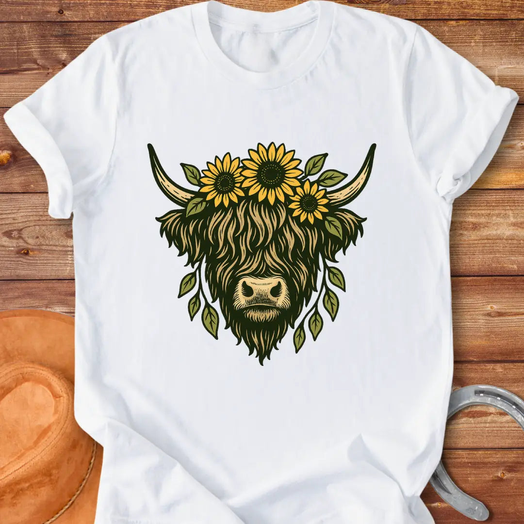 Highland cow wearing a sunflower crown, floral design t-shirt.
