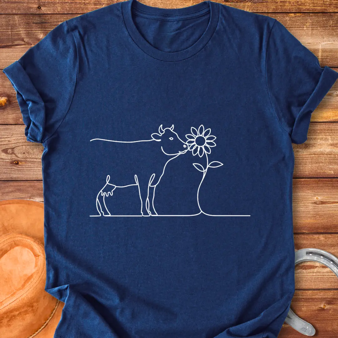 Line art illustration of a cow kissing a sunflower, a Cow Lovers Clothing product