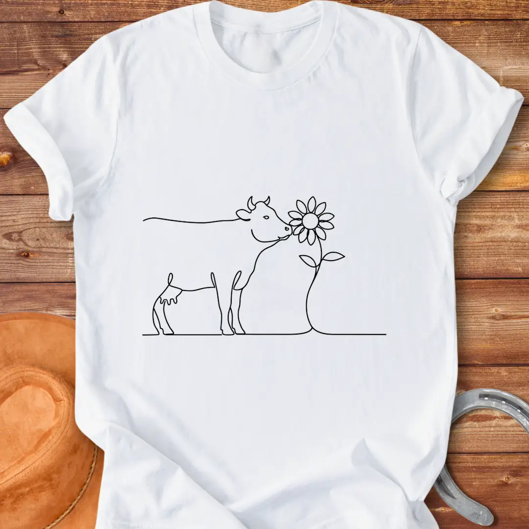 Line art illustration of a cow kissing a sunflower, a Cow Lovers Clothing product