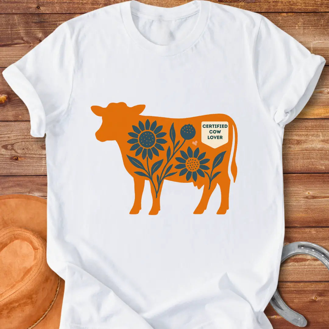 Sunflower Stockyard T-Shirt featuring an orange cow silhouette filled with blue sunflowers, a floral design, and a Certified Cow Lover badge.
