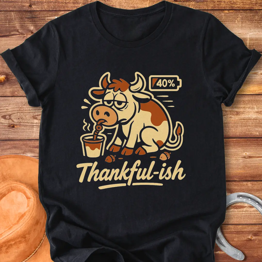 Tired cow drinking coffee, the words Thankful-ish underneath. A fun and relatable design for cow lovers.