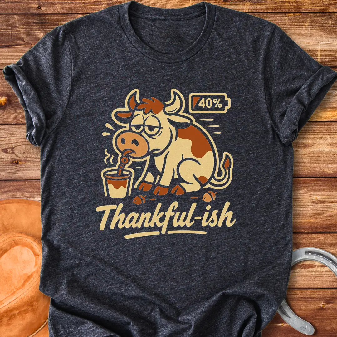 Tired cow drinking coffee, the words Thankful-ish underneath. A fun and relatable design for cow lovers.