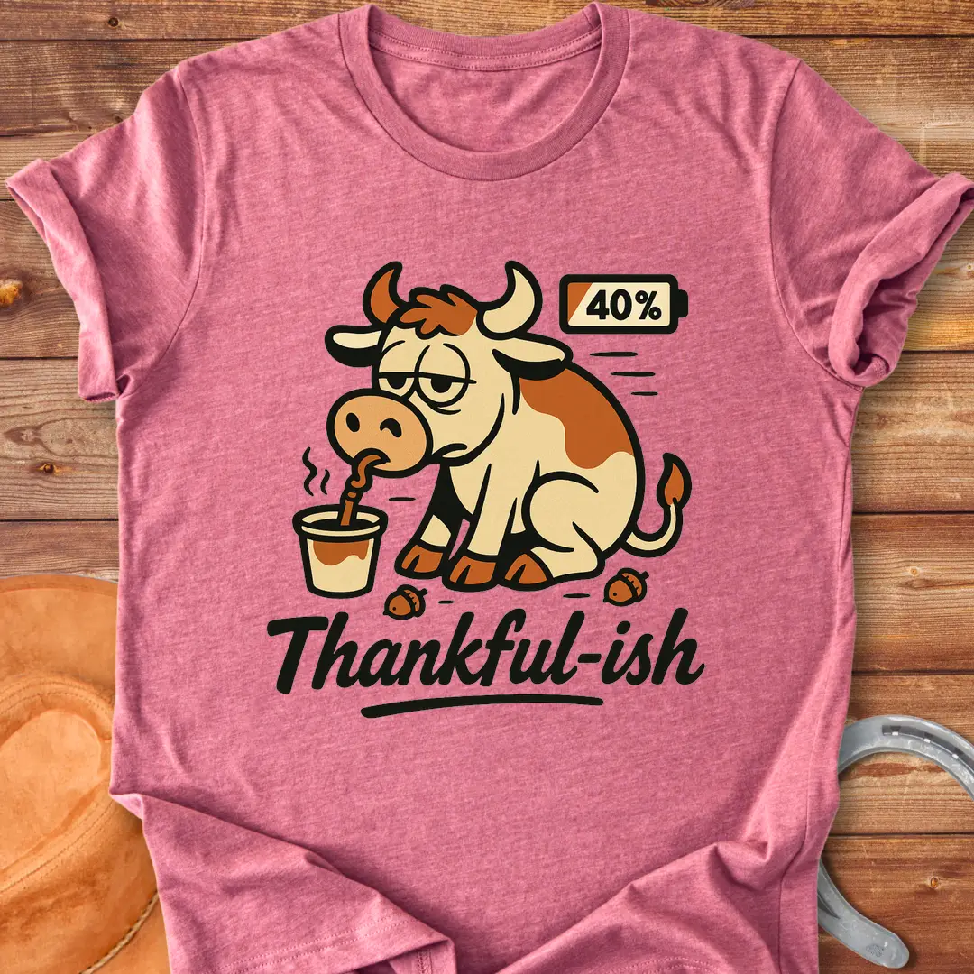 Tired cow drinking coffee, the words Thankful-ish underneath. A fun and relatable design for cow lovers.