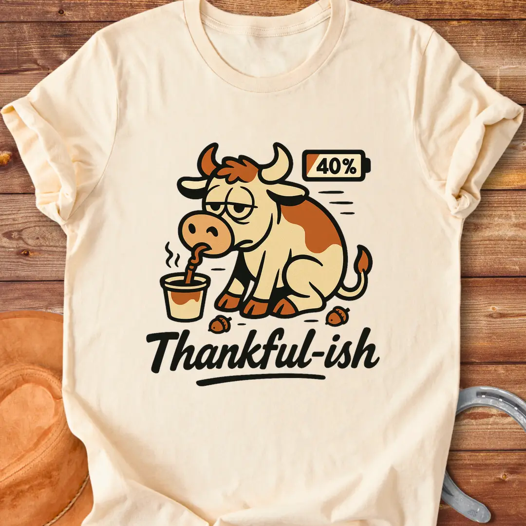Tired cow drinking coffee, the words Thankful-ish underneath. A fun and relatable design for cow lovers.