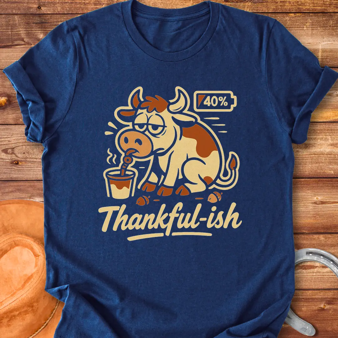 Tired cow drinking coffee, the words Thankful-ish underneath. A fun and relatable design for cow lovers.