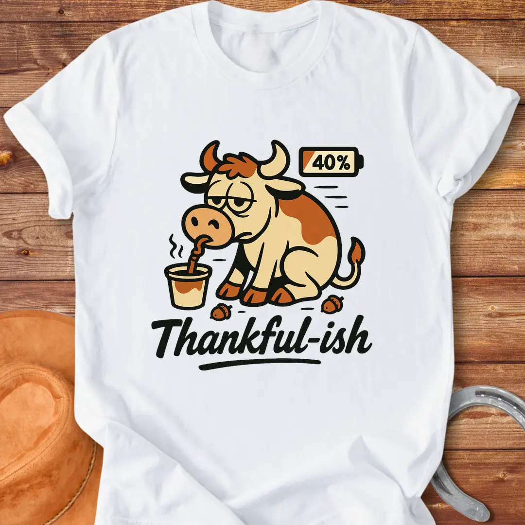 Tired cow drinking coffee, the words Thankful-ish underneath. A fun and relatable design for cow lovers.