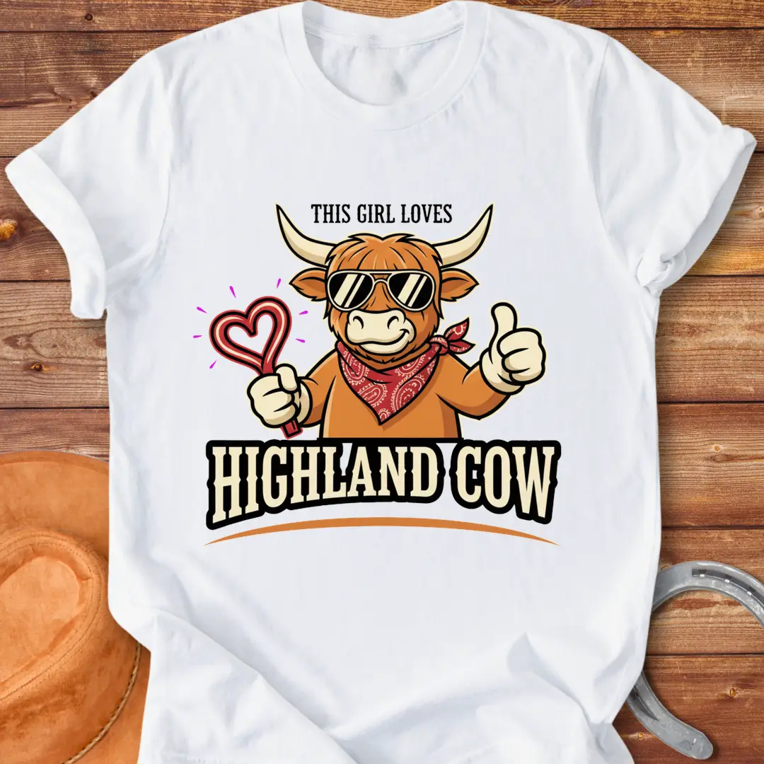 Cartoon Highland cow wearing sunglasses, bandana, and holding a heart