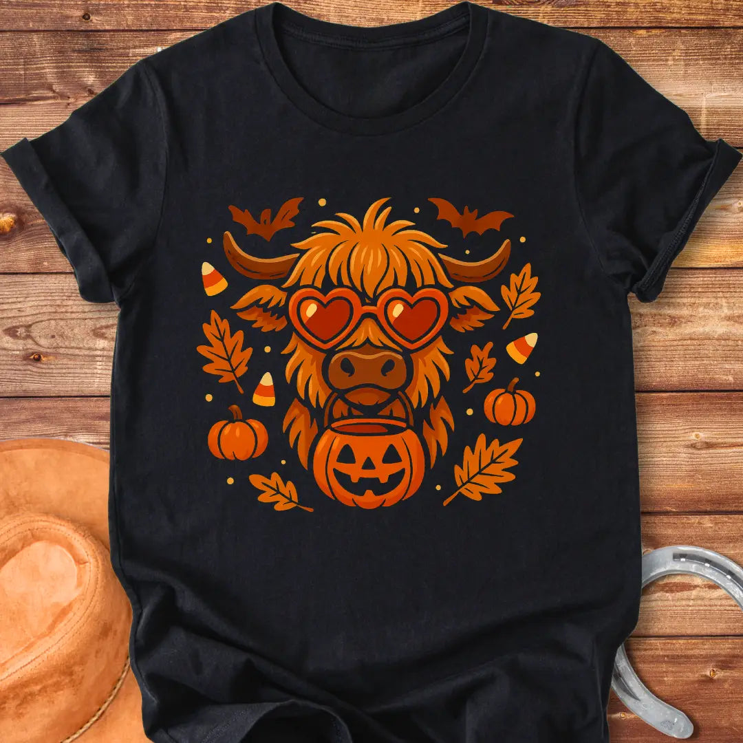 Trick or Treat Halloween Highland Cow T-Shirt design featuring pumpkins, leaves, and heart-shaped glasses.