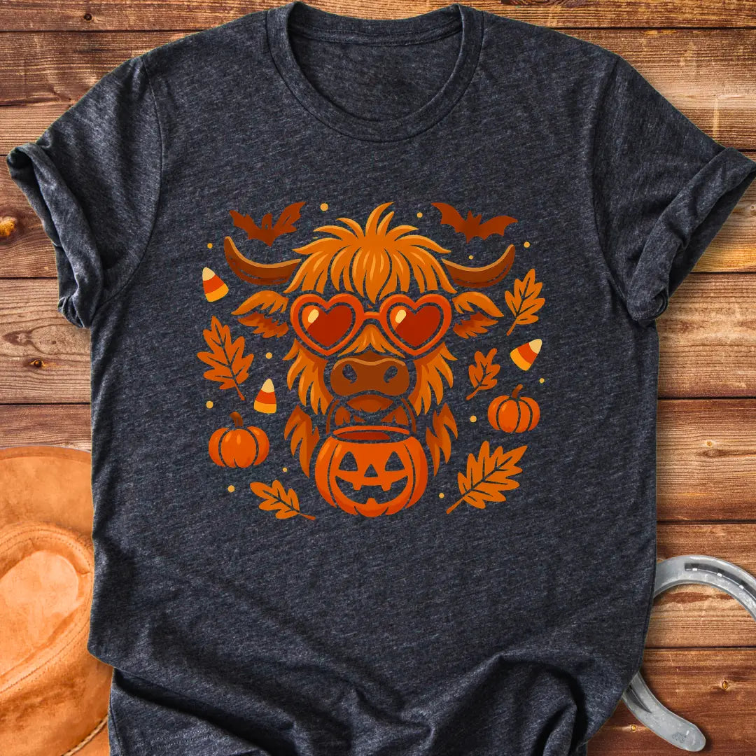 Trick or Treat Halloween Highland Cow T-Shirt design featuring pumpkins, leaves, and heart-shaped glasses.