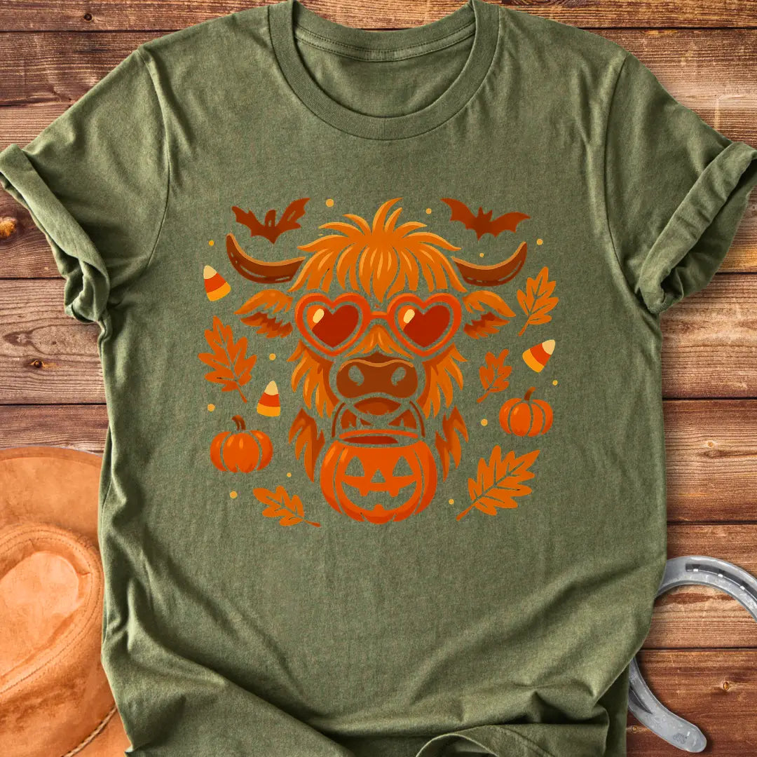 Trick or Treat Halloween Highland Cow T-Shirt design featuring pumpkins, leaves, and heart-shaped glasses.