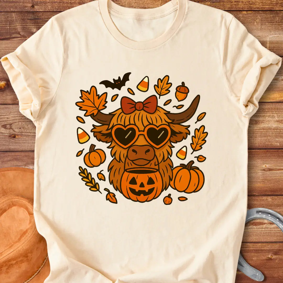 Trick or Treat Halloween Highland Cow T-Shirt design featuring pumpkins, leaves, and heart-shaped glasses.