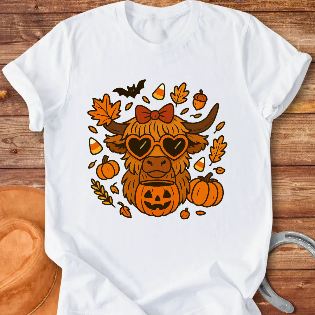 Trick or Treat Halloween Highland Cow T-Shirt design featuring pumpkins, leaves, and heart-shaped glasses.