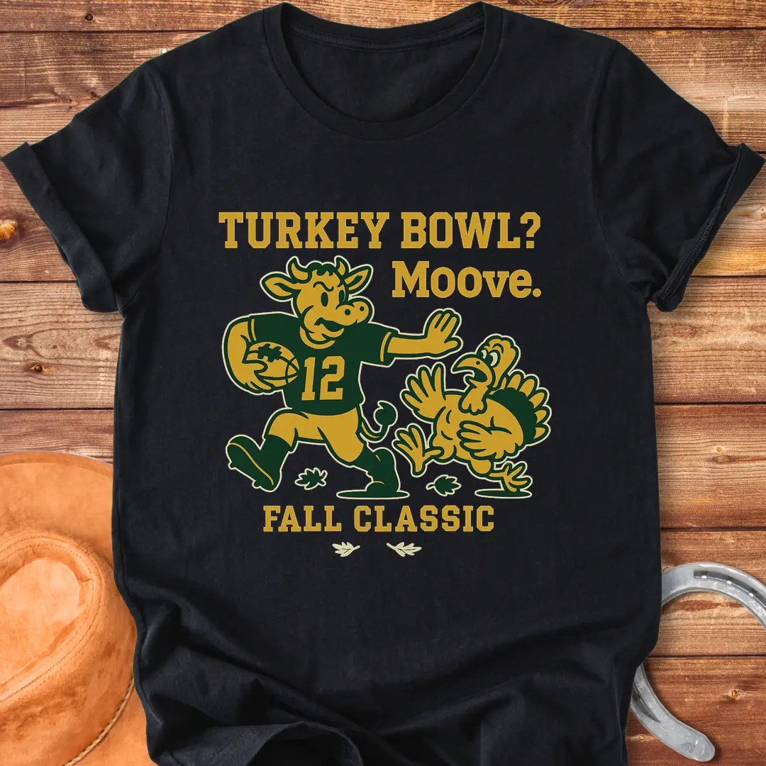 Illustration of a cow playing football and chasing a turkey with the words 'Turkey Bowl? Moove. Fall Classic' above and below them.