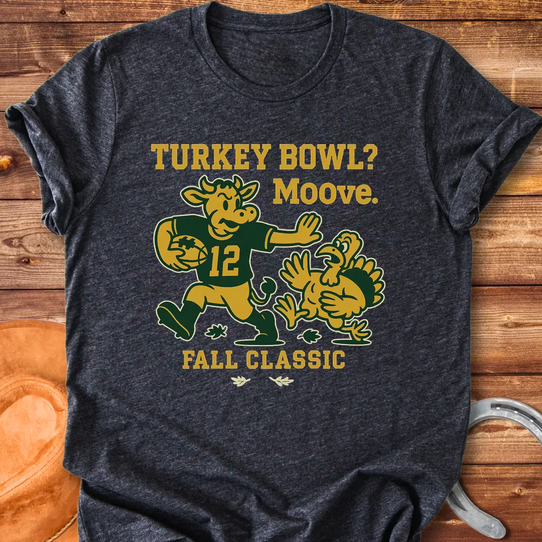 Illustration of a cow playing football and chasing a turkey with the words 'Turkey Bowl? Moove. Fall Classic' above and below them.