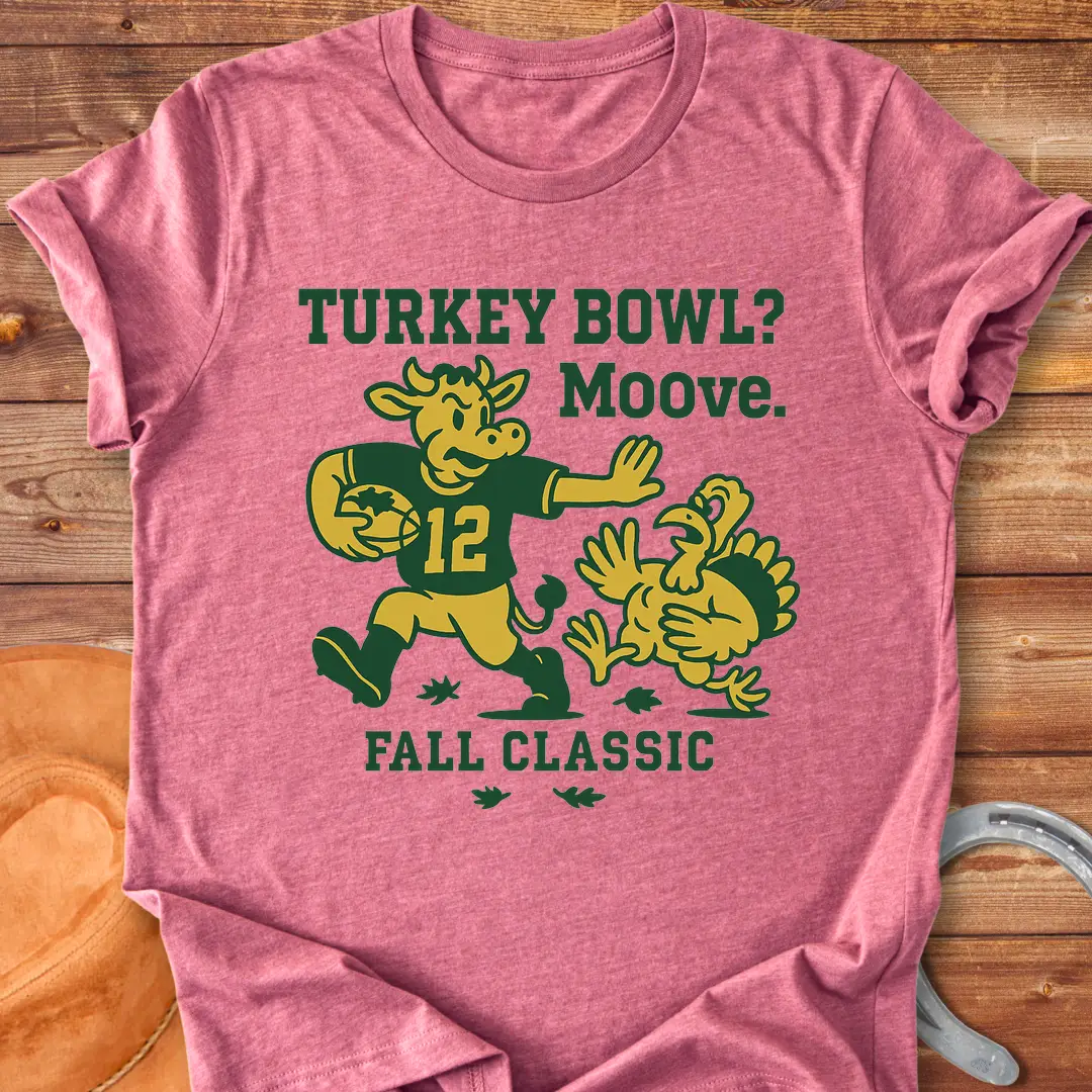 Illustration of a cow playing football and chasing a turkey with the words 'Turkey Bowl? Moove. Fall Classic' above and below them.