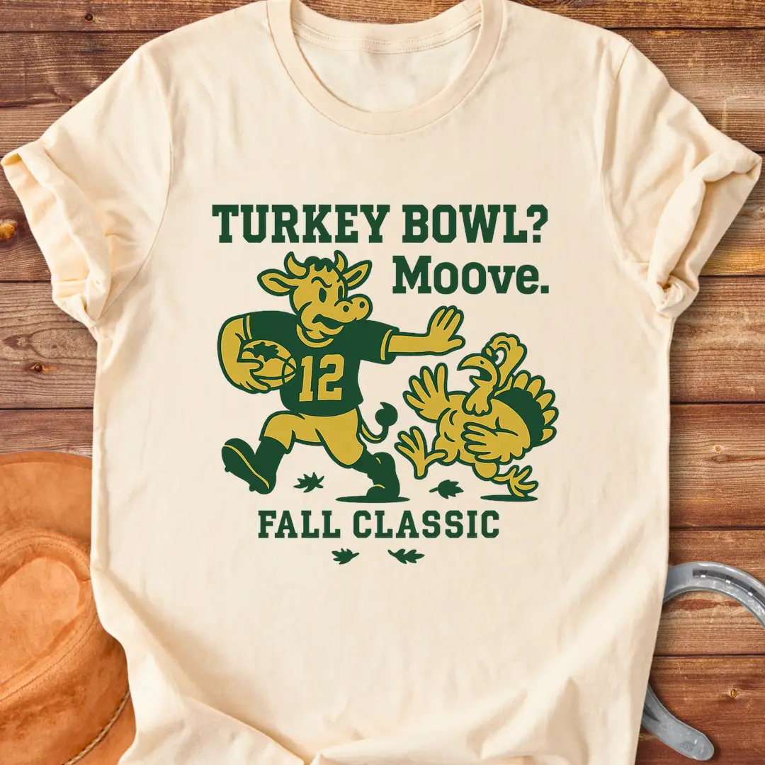 Illustration of a cow playing football and chasing a turkey with the words 'Turkey Bowl? Moove. Fall Classic' above and below them.