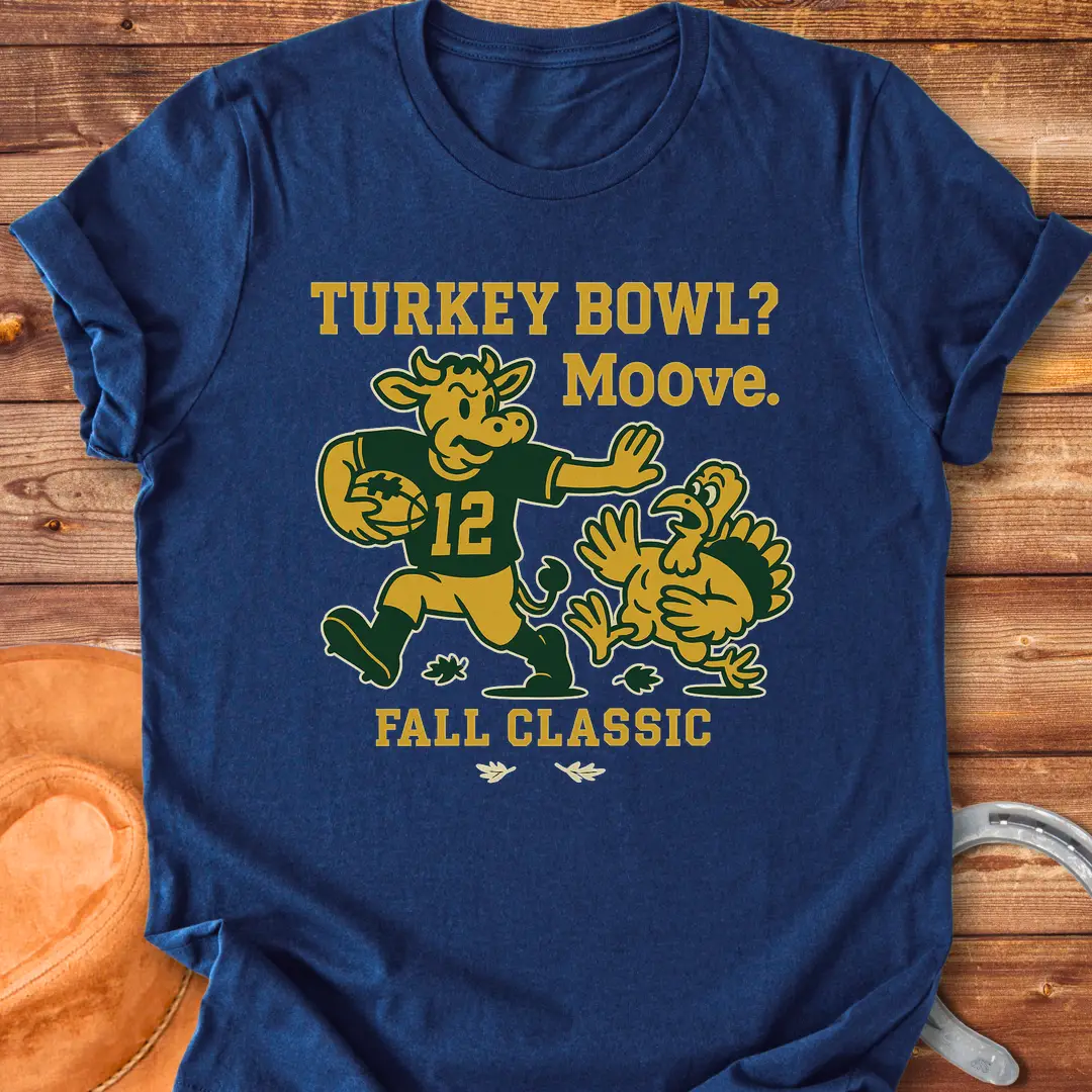 Illustration of a cow playing football and chasing a turkey with the words 'Turkey Bowl? Moove. Fall Classic' above and below them.
