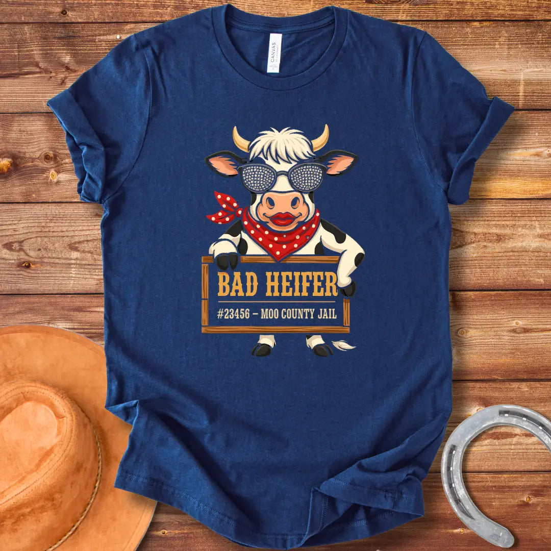 Cartoon cow wearing sunglasses and bandana, holding a sign that says 'Bad Heifer'.