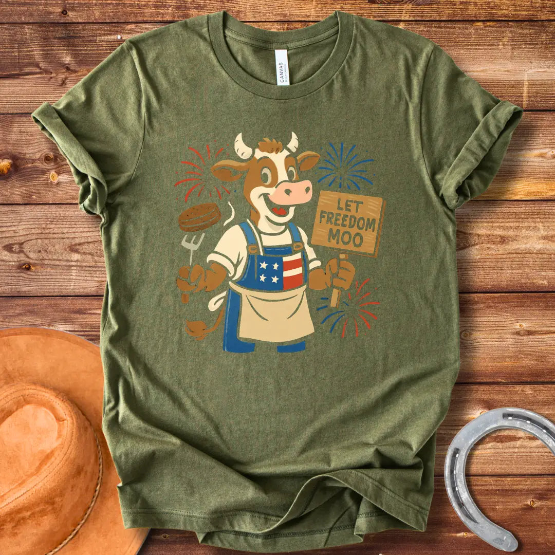 Illustration of a patriotic cow grilling burgers with a "Let Freedom Moo" sign, celebrating American Independence