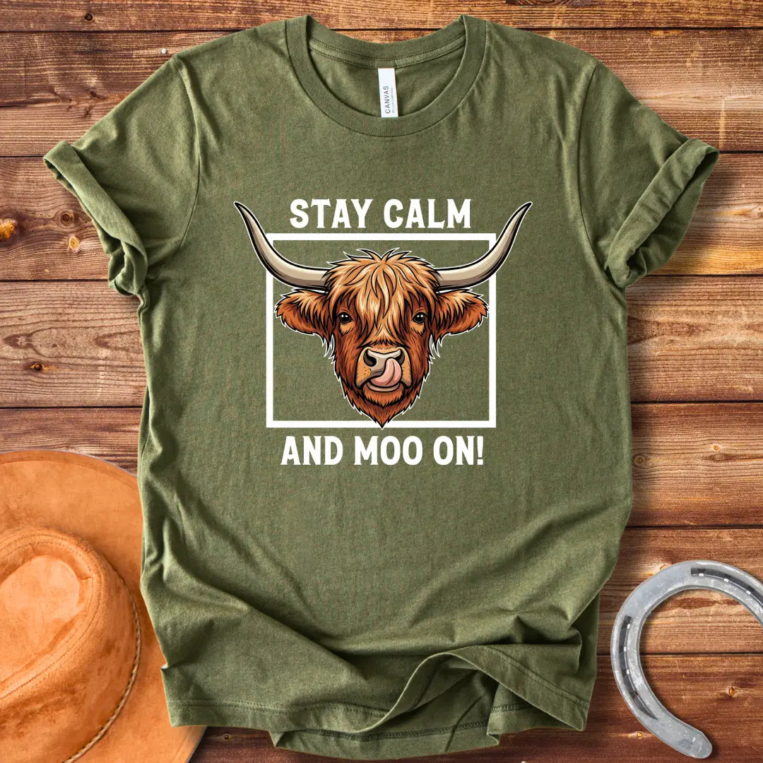 Highland cow graphic t-shirt with the phrase "Stay Calm and Moo On"