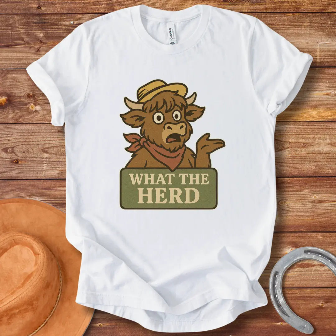 Funny t-shirt design featuring a surprised cow with the words 'What The Herd?' on a sign.