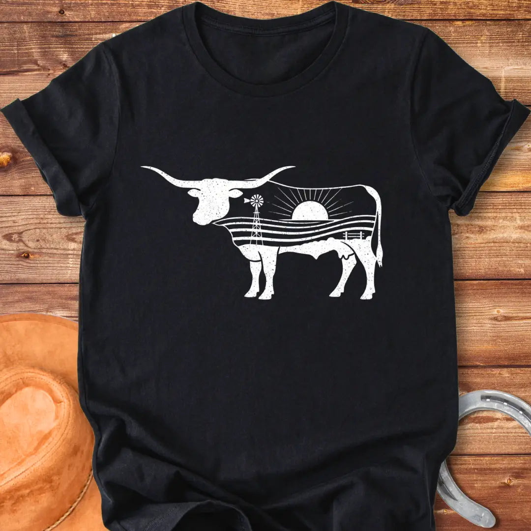 Longhorn cattle art t-shirt with a windmill and plains design